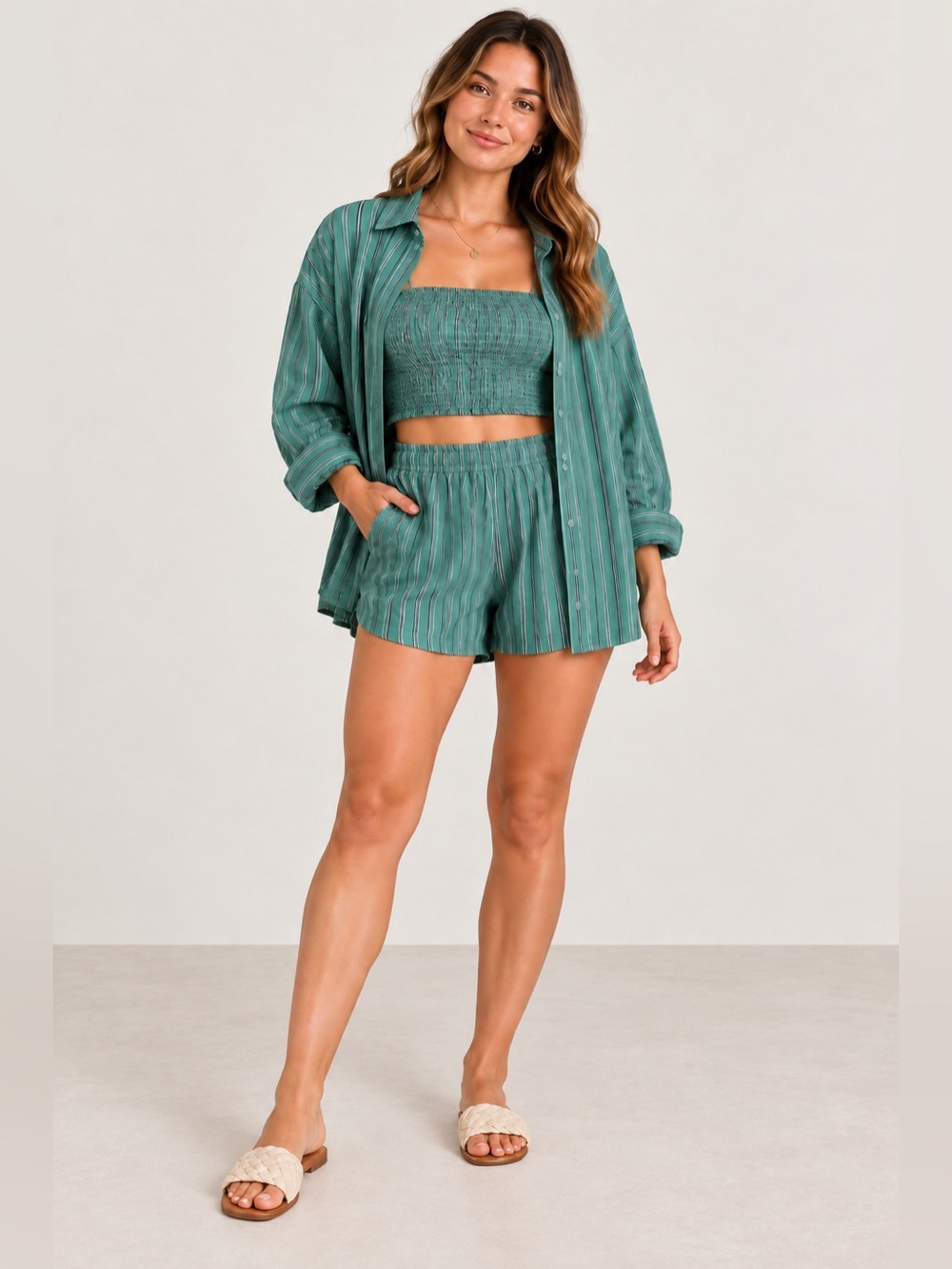 American Eagle Outfitters Green Striped 3-Piece Top Set